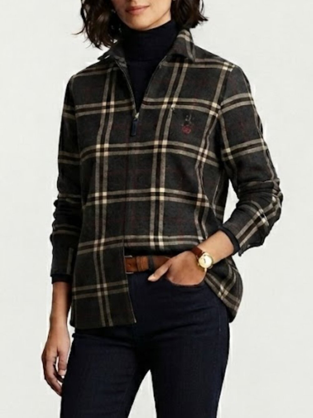 Lauren Ralph Lauren Plaid Zip Up Wool Jacket Black Red Gray Petite M